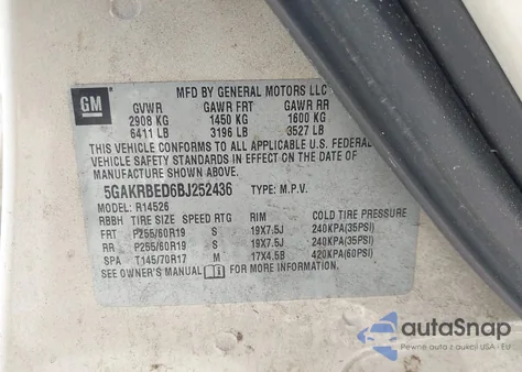 2011 Buick Enclave 1Xl from USA, damaged, VIN 5GAKRBED6BJ252436